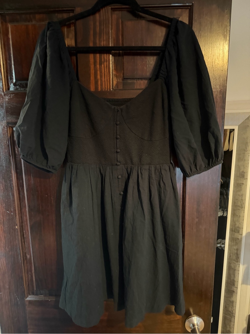 Maeve Black Puff-Sleeve Mini Dress with Button Front